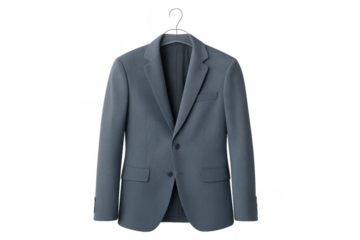 Blue blazer hanging on a metal hanger, showcasing formal elegance and professional men's fashion on transparent background