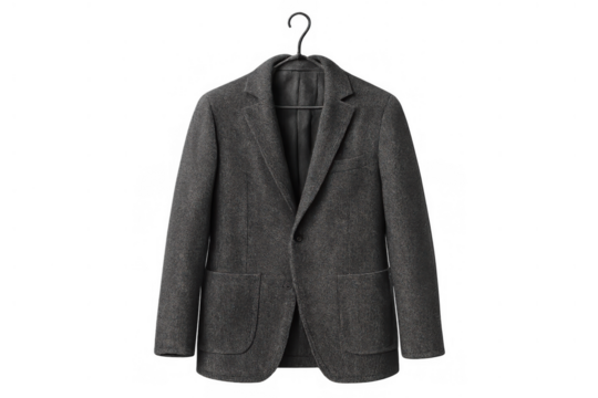 Charcoal gray wool blazer jacket for men hanging on a clothes hanger, menswear fashion with transparent background