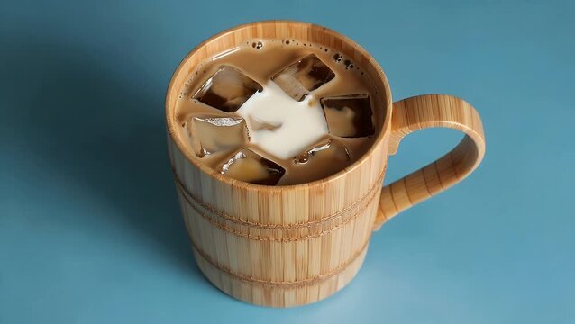 Overhead Perspective of a Chilled Coffee Beverage Served in a Cylindrical Container Crafted from Bamboo