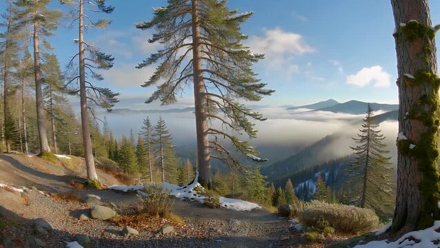 Landscape View of a Dense Mountain Forest Illuminated by Bright Sunshine on a Cold Winter