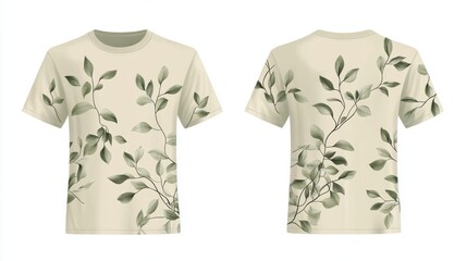 Front and back view of a t-shirt mockup with a highly detailed minimalist botanical design,  isolated on a white background
