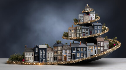Miniature houses arranged in a spiral formation on a decorative platter, adorned with festive greenery and lights, creating a charming holiday display with a cozy atmosphere