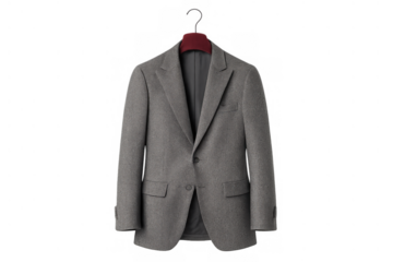 Gray suit jacket hanging on a hanger, symbolizing business attire, elegance, and corporate fashion for men, isolated