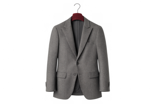 Gray suit jacket hanging on a hanger, symbolizing business attire, elegance, and corporate fashion for men, isolated