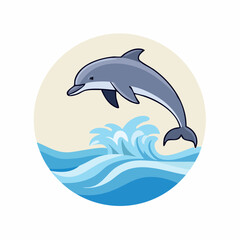 Cartoon Dolphin Jumping Out of Ocean Waves.