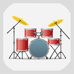 Cartoon Drum Set with Red Drums and Yellow Cymbals Illustration.