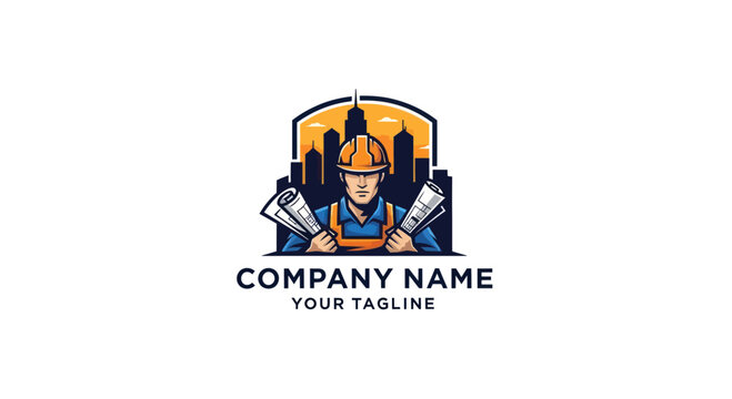 Construction Worker with Blueprints and Cityscape Logo Design.