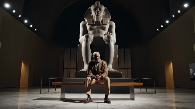 Man Sitting Contemplatively on Bench in Front of Ancient Statue