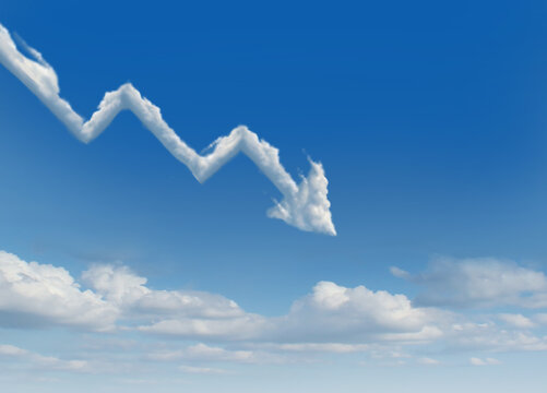 Economic Meltdown and Business decrease and profit reduction as clouds in a sky as a financial graph declining due to loss with an arrow in arrow pointing down as a finance concept.