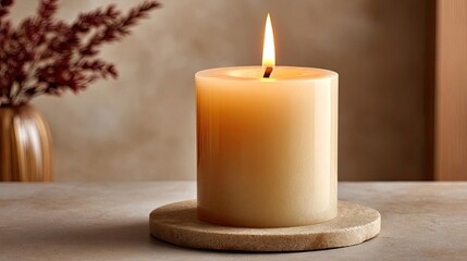 Vanilla scented candle burning on beige background concept. A lit candle creating a warm and inviting atmosphere.