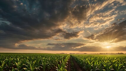 Sunset Over a Green Cornfield with Perfect Rows in Fertile Farmland Under a Dramatic Cloudy Sky