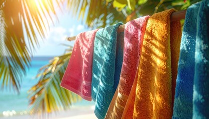 Colorful Beach Towels Drying on a Clothesline with Palm Leaves and Ocean View at Golden Hour