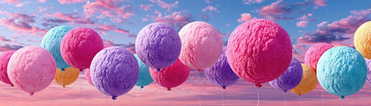 Ice cream dreams with balloons in sky concept. Colorful balloons floating against a dreamy pastel sky.