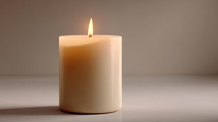 Vanilla scented candle burning on beige background concept. A lit candle casting a warm and inviting glow in a serene setting.