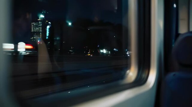 Blurry city lights streak past as seen from inside a moving vehicle at night.
