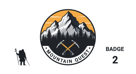 Mountain Quest Badge with Hiker and Tools.