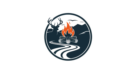 Campfire scene with deer and mountains in a circle logo.
