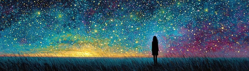 Fototapeta premium Woman dreaming of cosmos filled with stars concept. A silhouette under a vibrant starry night sky, evoking wonder.