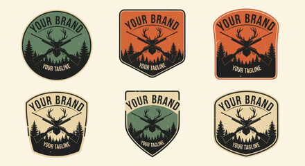 Obraz premium Vintage Outdoor Adventure Emblem Set Featuring Deer Antlers and Forest.