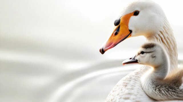 Adult swan and cygnet against soft, light background