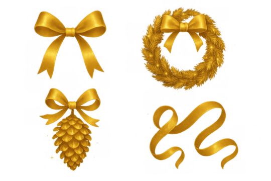 Golden christmas elements creating festive decoration set featuring bow, ribbon, wreath, and pine cone, transparent background