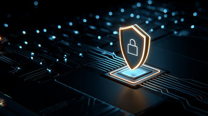 Shield with lock standing on a microchip, symbolizing device protection, secure boot and trusted platform security
