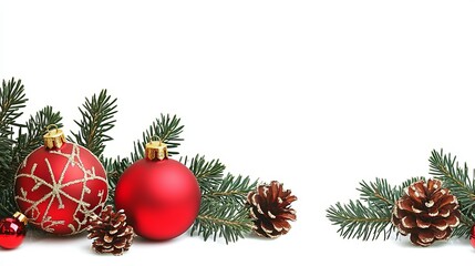 Elegant red Christmas ornaments and pinecones nestled among fresh fir branches, perfect for festive holiday designs and celebratory promotions