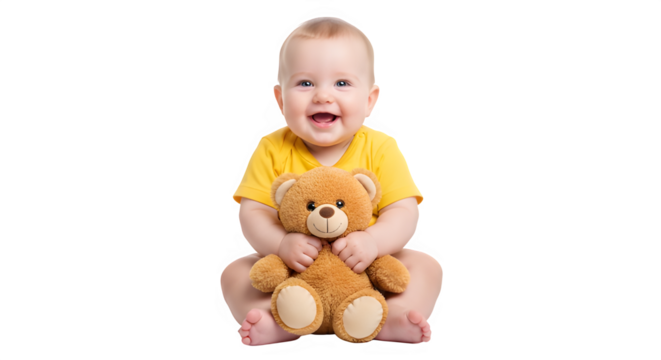 Little one enjoys floor time, hugging a teddy bear
