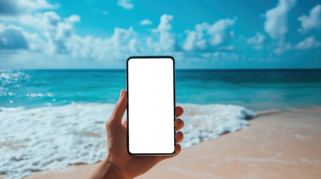 Hand Holding Smartphone with Transparent Screen at the Beach, Realistic Summer Concept