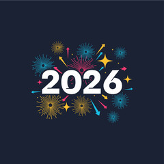 The year 2026 is displayed with colorful fireworks and stars against a dark background, celebrating the new year.