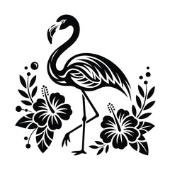 Black silhouette of a flamingo with tropical hibiscus flowers and leaves