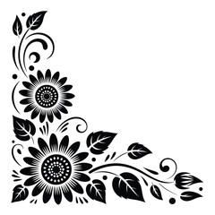 Black and white corner floral design with sunflowers and leaves