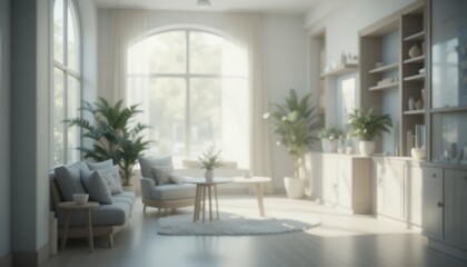 Naklejka premium Bright and serene modern living room interior with large arch window and natural light filling the