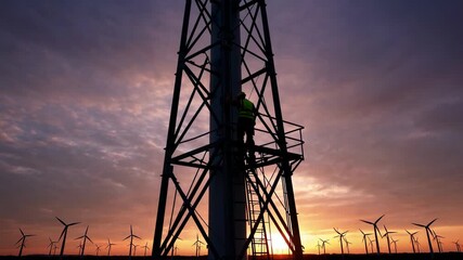 A worker climbs a ladder to climb a wind turbine for maintenance, an industry vertical structure used in renewable energy - Powered by Adobe