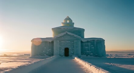 Ethereal Frozen Church Glistening in the Arctic Sunrise.