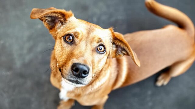 Attentive brown dog with pleading eyes looking up