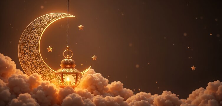 Intricate crescent moon with glowing lantern and stars above soft clouds in warm twilight ambiance