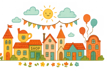 Cartoon village street with colorful houses, shop, church, sun, clouds and festive bunting on transparent background