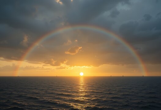 A vibrant rainbow arching across a dramatic sky over a calm ocean at sunset illuminating the