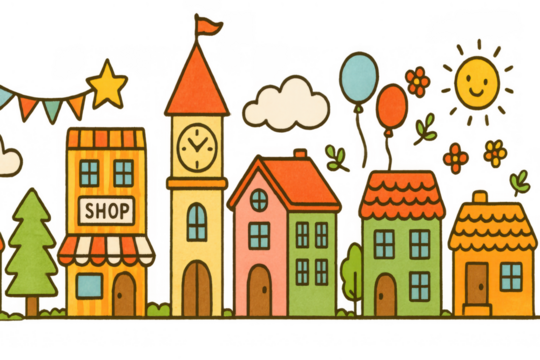 Cartoon town street concept illustration with cute buildings, shop, clock tower, balloons, sun and banner on transparent background