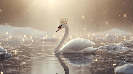 Elegant white swan wearing a delicate golden crown, gliding over a mirror-like frozen lake surrounded by soft snow and glowing fairy lights. Background in muted champagne and ivory tones, gentle spark