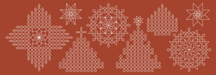 set of Christmas Dotted rangoli line art Patterns