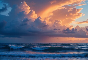 Vibrant sunset illuminating dynamic ocean waves under dramatic cloud formations at twilight