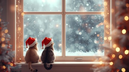 Fototapeta premium Cute cats wearing Santa hats sitting on a windowsill, watching gentle snowfall outside. Pastel room interior with twinkling lights and warm tones. Large blurred window background providing unique natu