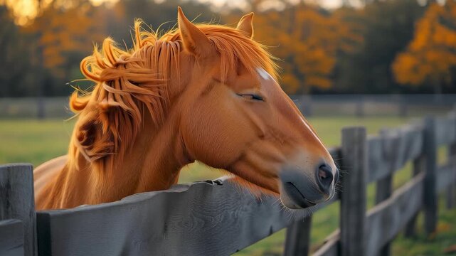 Majestic Chestnut Horse by the Fence: A portrait of a magnificent chestnut horse enjoying a serene moment beside a rustic wooden fence in a field with golden sunlight.