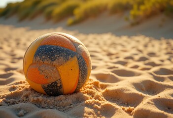 colorful volleyball resting on sandy beach with natural vegetation background during sunny day