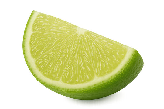 Lime wedge presenting fresh, juicy green fruit. Sliced citrus showing texture, ideal for refreshing beverages and healthy food