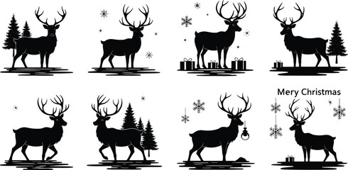 Christmas reindeer silhouette set, festive winter deer illustration, snowflakes, pine trees, ornaments, holiday decoration, black vector graphic © MDALRAFIN