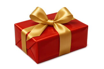 Red gift box with gold ribbon and bow, symbolizing celebration, holidays, giving, and receiving presents, transparent background