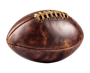 Close-up of a vintage brown leather football. Stitching is visible